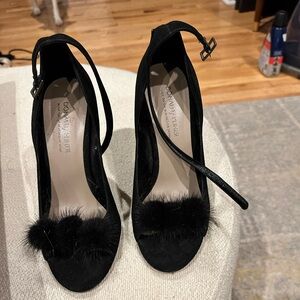 Black heels with fuzzy toe
